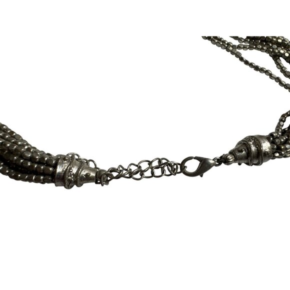 Tribal Multi Strand Silver Beaded Medallion Necklace 18 inch length Silver Tone - Picture 3 of 6